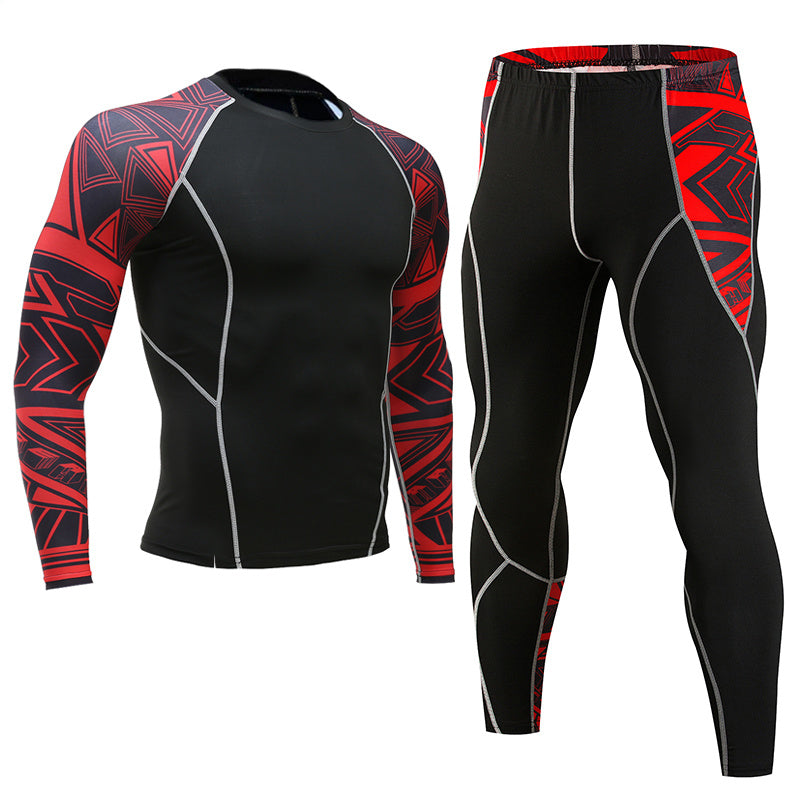 Sportswear quick-drying running suit featuring a black and red athletic top and leggings for optimal performance.
