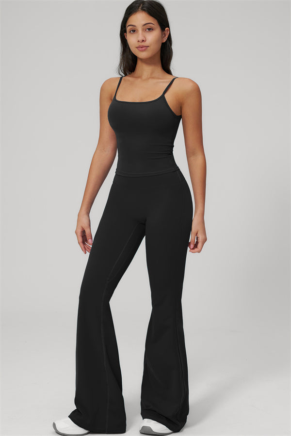 The Rapture Tank Top Flared Leggings 2-Piece Set featuring a stylish black tank top and flared leggings.