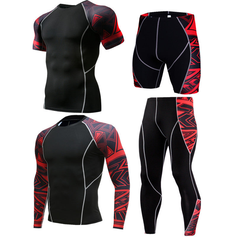 Sportswear quick-drying running suit featuring black fabric with red patterns for athletic performance.