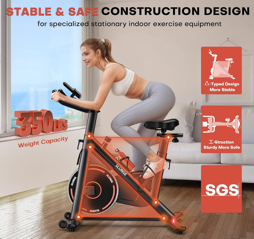 Exercise Bike, Adjustable Magnetic Resistance Stationary Bikes for Home with App Compatible, Silent Indoor Cycling Bike with 350Lbs Weight Capacity Comfortable Seat, Digital Monitor & Phone Mount
