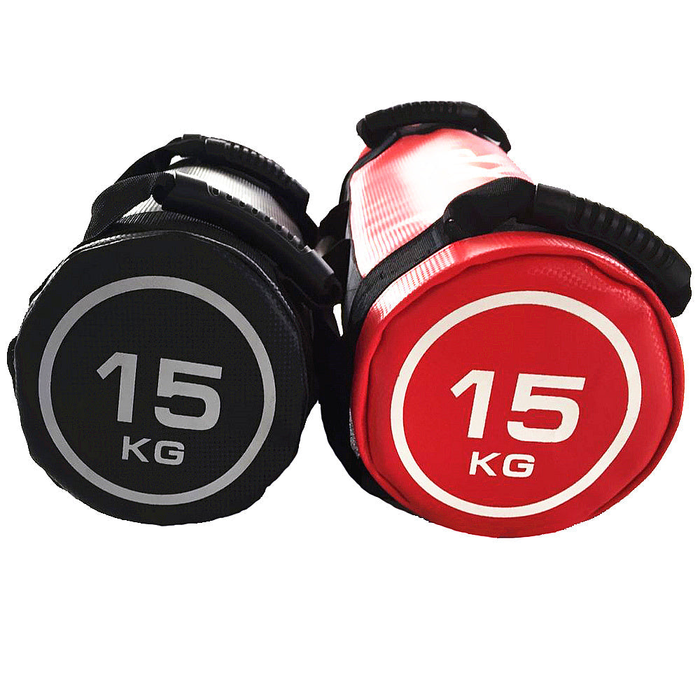 Two Physical Training Strength Packs Fitness Building Sandbags, one in Cool Black and one in Vigor Red, both 15 KG.