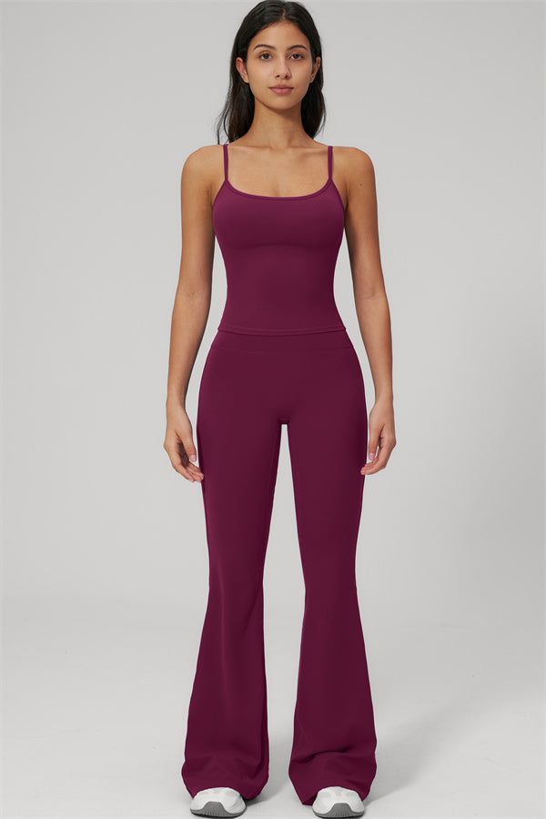 The Rapture Tank Top Flared Leggings 2-Piece Set in burgundy, featuring a stylish tank top and flared leggings.