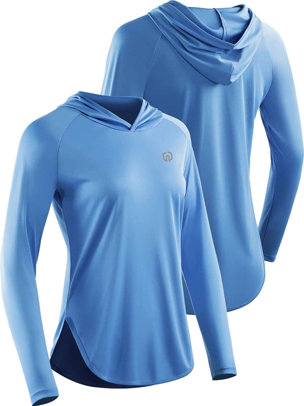 Women's Hooded Sun Protection Running Shirt – UPF Long Sleeve Athletic Top in light blue color, showcasing front and back views.