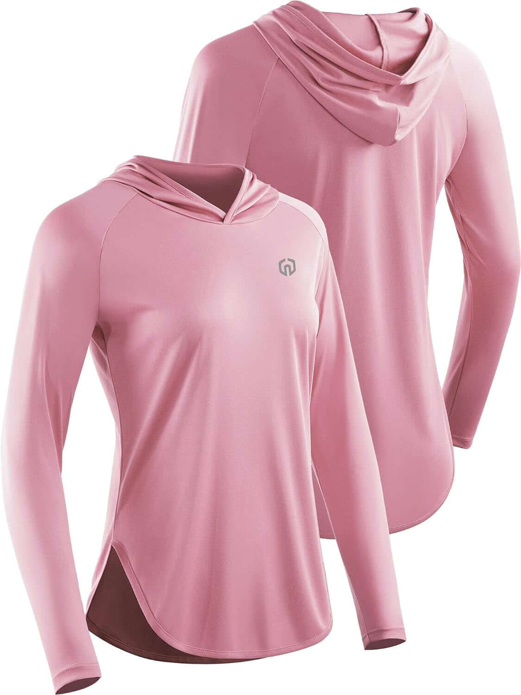 Women's Hooded Sun Protection Running Shirt – UPF Long Sleeve Athletic Top in pink, featuring a lightweight and breathable design.