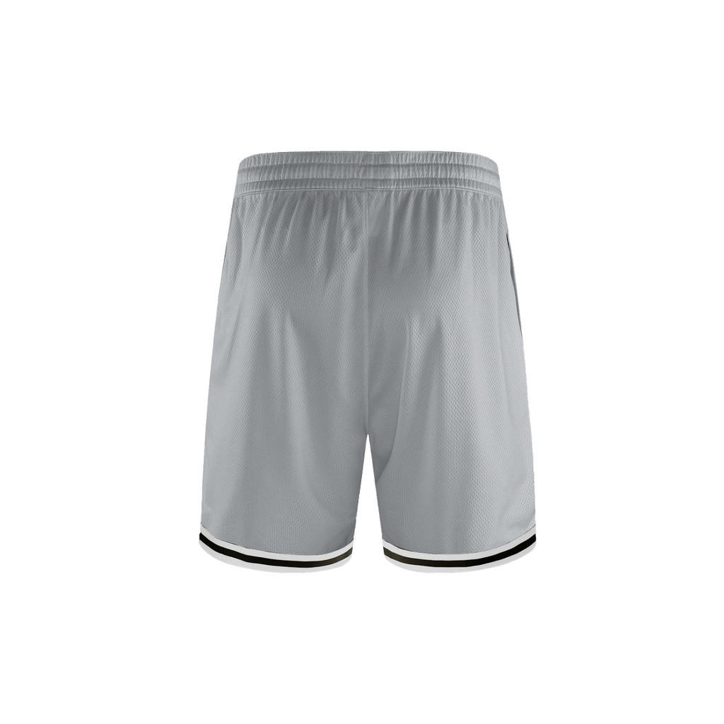 Loki & Ivy Classic Stripe Trim Basketball Shorts in gray, showcasing the back view with stripe trim detail.