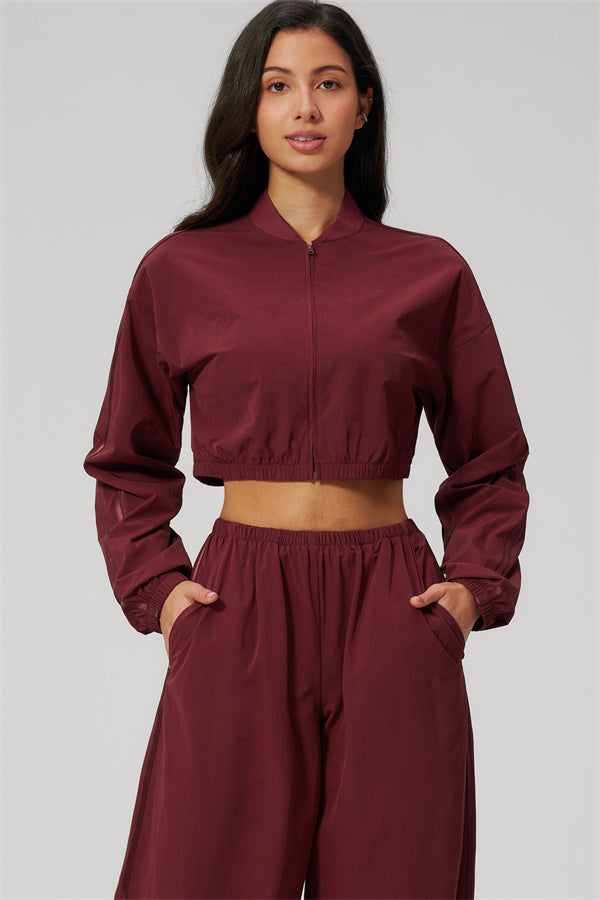 The Spunk UV protection Jacket Sweatpants 2-Piece Set in burgundy, featuring a cropped jacket and relaxed pants.