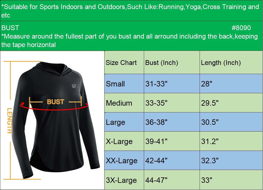 Women's Hooded Sun Protection Running Shirt – UPF Long Sleeve Athletic Top size chart with bust measurements.