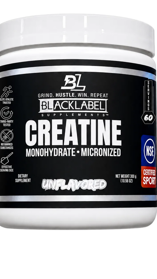 BLACK LABEL CREATINE MONOHYDRATE unflavored dietary supplement with 60 servings in a white container.