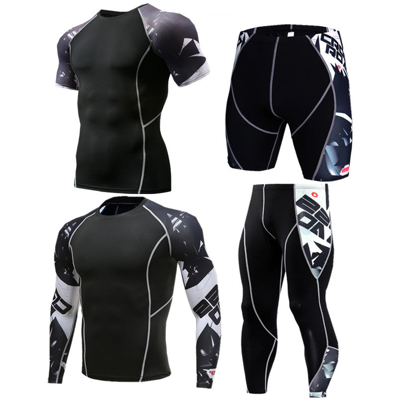 Sportswear quick-drying running suit featuring short-sleeve and long-sleeve options in black and graphic design.
