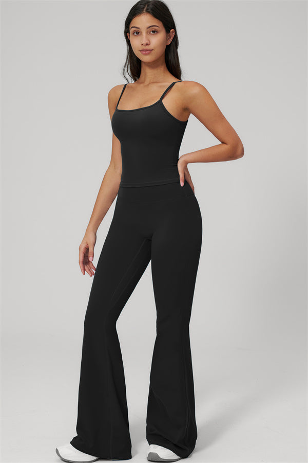 The Rapture Tank Top Flared Leggings 2-Piece Set featuring a model in a black tank top and flared leggings.