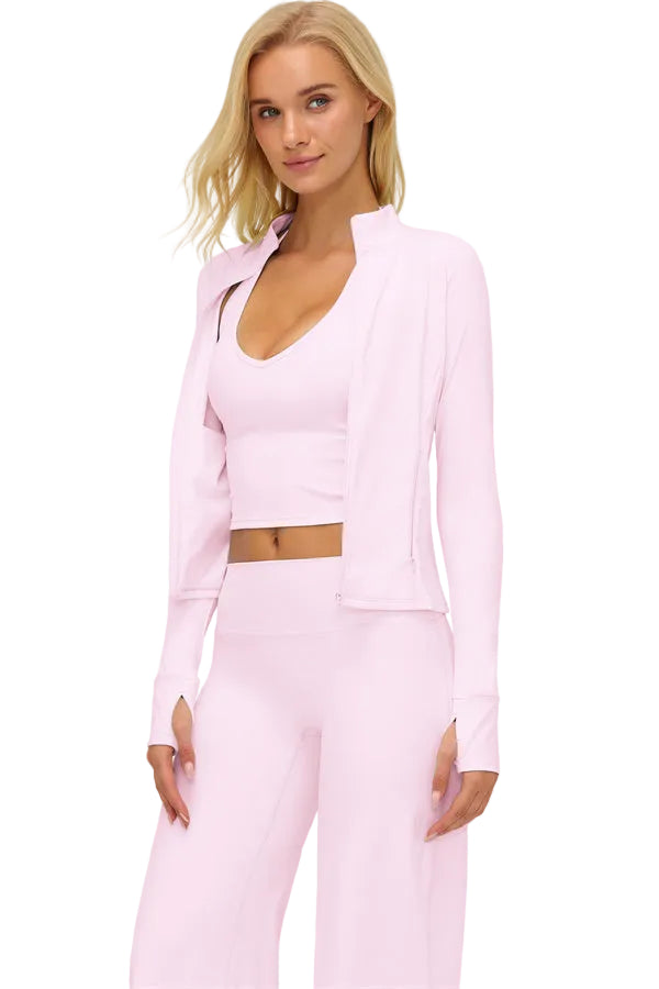 Twirl Zip Jacket Halter Tank Top & Straight‑Leg Pants Set | High-End 3‑Piece Activewear – Fitglutes