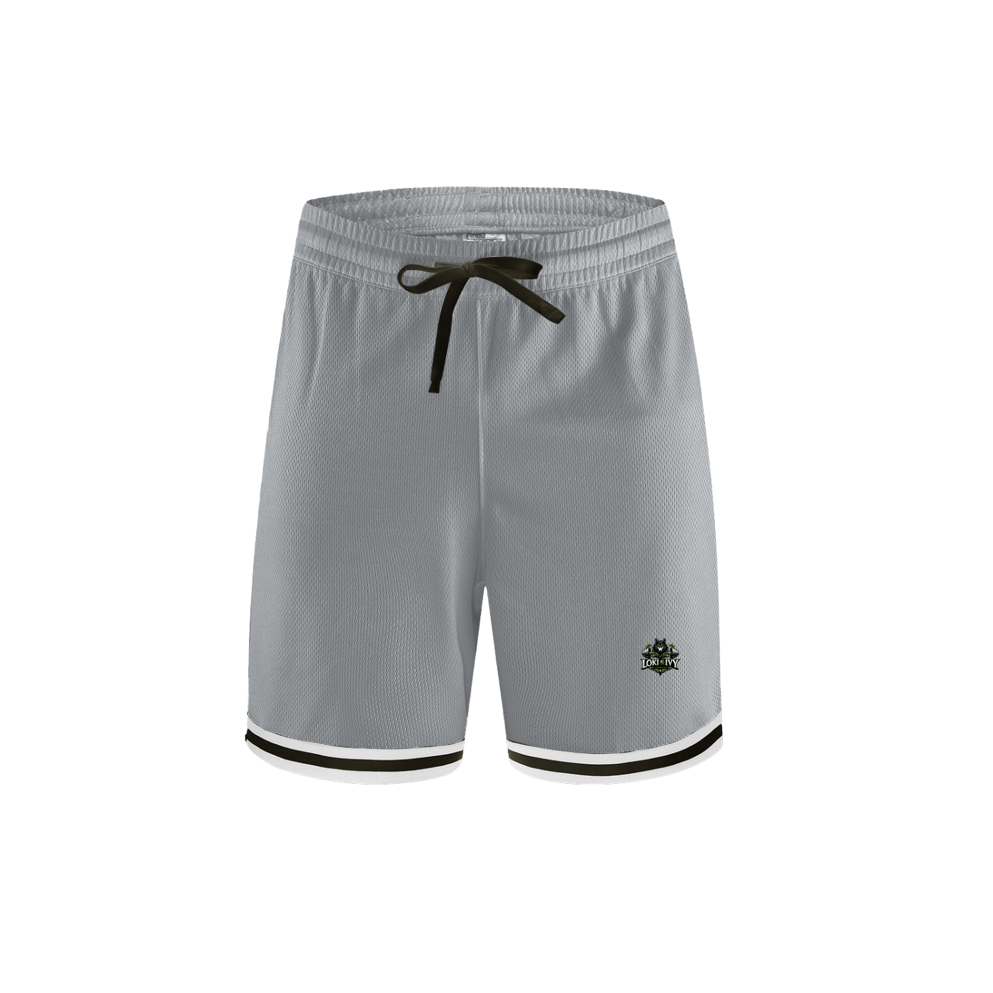Loki & Ivy Classic Stripe Trim Basketball Shorts in light gray with black trim and drawstring for comfort and style.