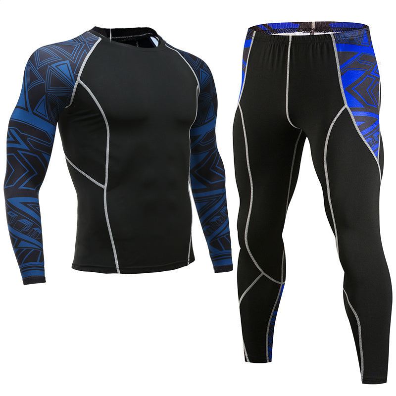 Sportswear quick-drying running suit featuring a long-sleeve top and fitted pants with blue patterns.