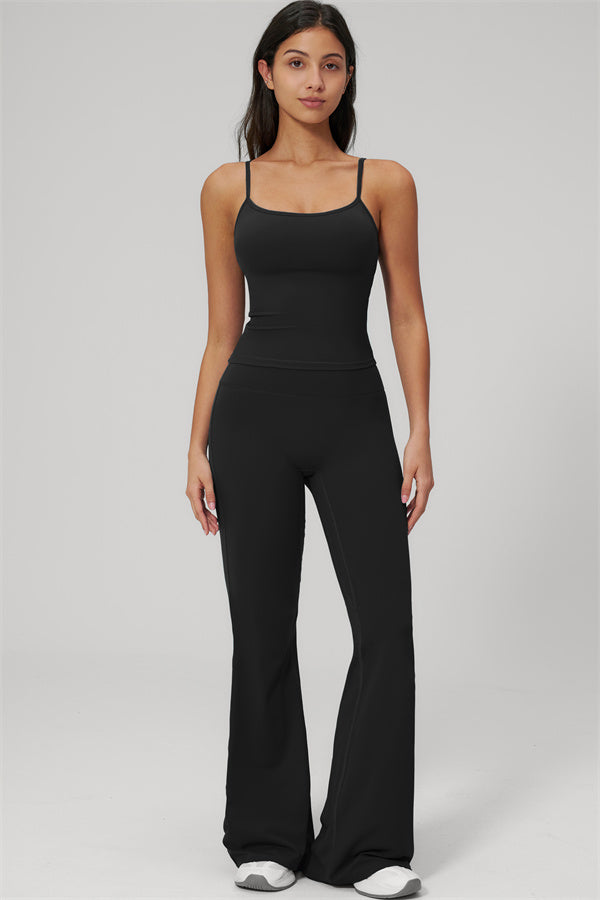 The Rapture Tank Top Flared Leggings 2-Piece Set featuring a model wearing a sleek black tank top and flared leggings.