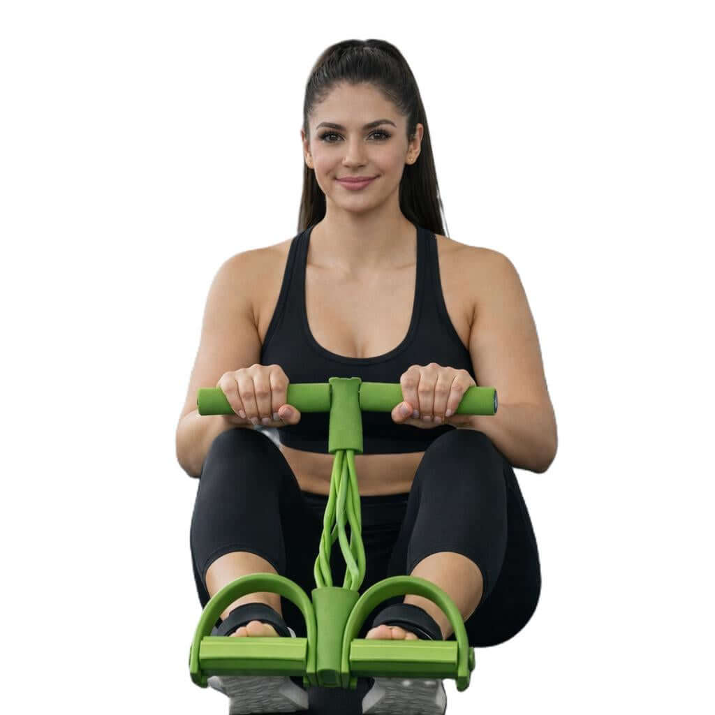 4-Tube Pedal Resistance Band Trainer being used by a yoga instructor demonstrating the 4-Tube Pedal Resistance Band fitness Trainer for a full-body workout.