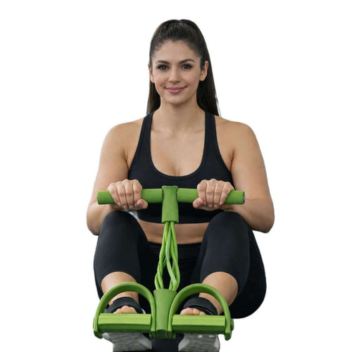 4-Tube Pedal Resistance Band Trainer being used by a yoga instructor demonstrating the 4-Tube Pedal Resistance Band fitness Trainer for a full-body workout.