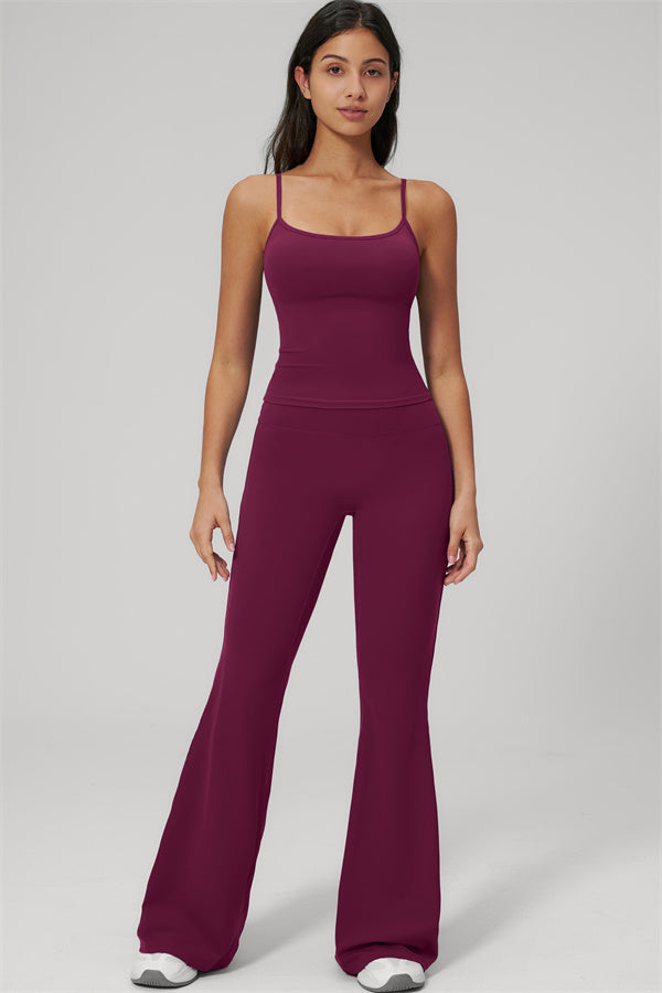 The Rapture Tank Top Flared Leggings 2-Piece Set displayed on a model in a maroon color.