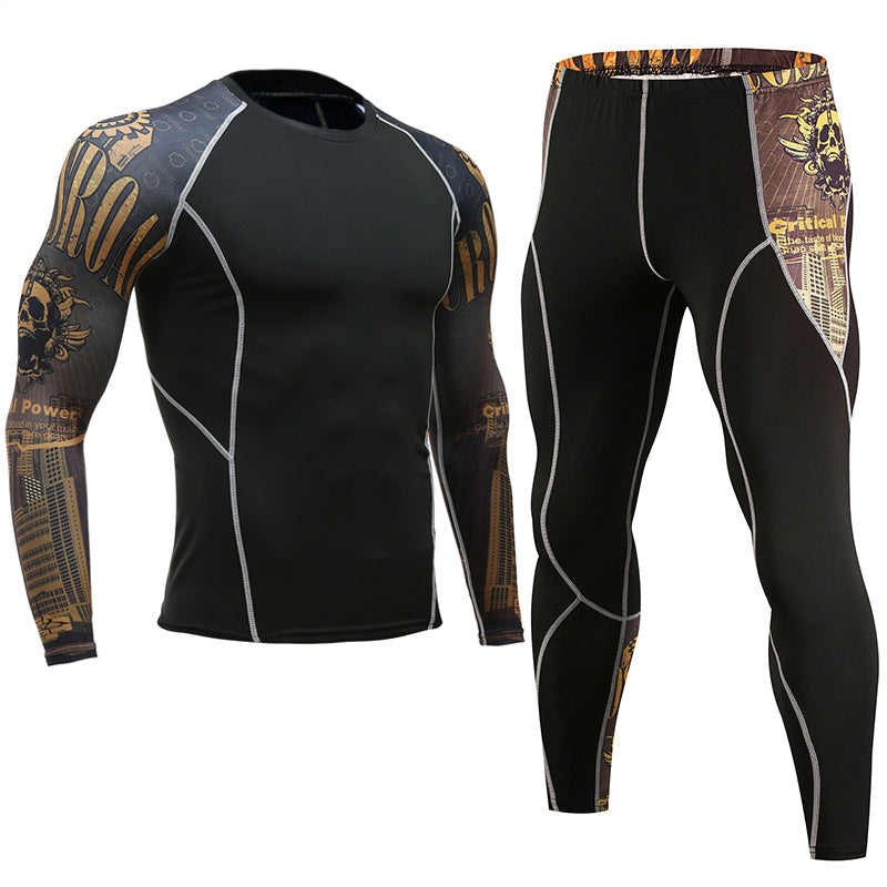 Sportswear quick-drying running suit showing a black long-sleeve top and leggings with skull graphic design.