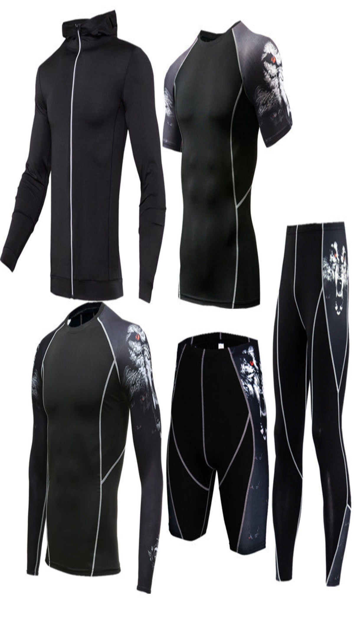 Sportswear quick-drying running suit featuring a black hoodie, fitted shirts, and shorts designed for performance.