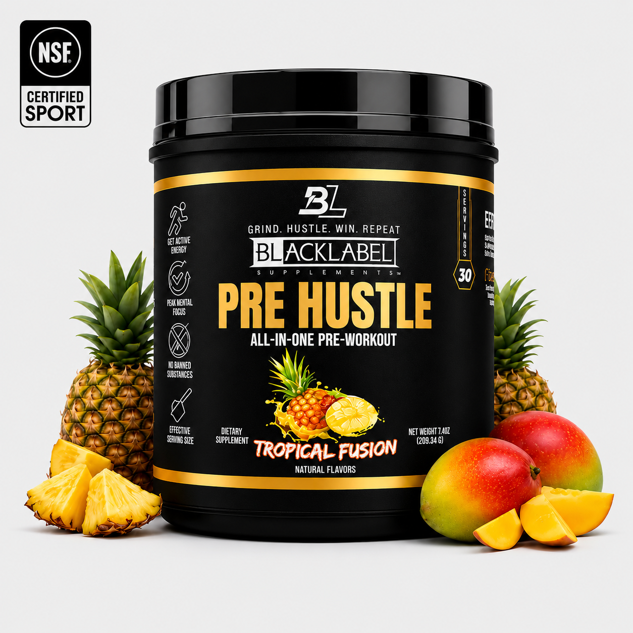 PRE HUSTLE V3 PRE WORKOUT SUPPLEMENT tropical fusion flavor in a container with pineapples and mangoes.