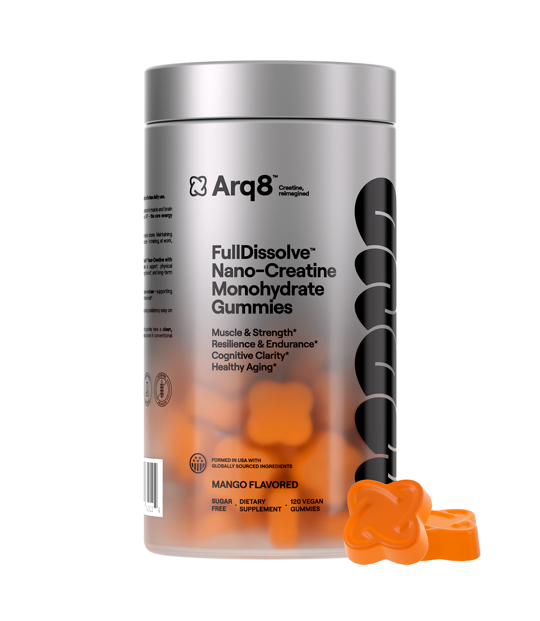 Arq8 Creatine Monohydrate Gummies in a container with mango flavored gummies, promoting muscle strength and cognitive clarity.
