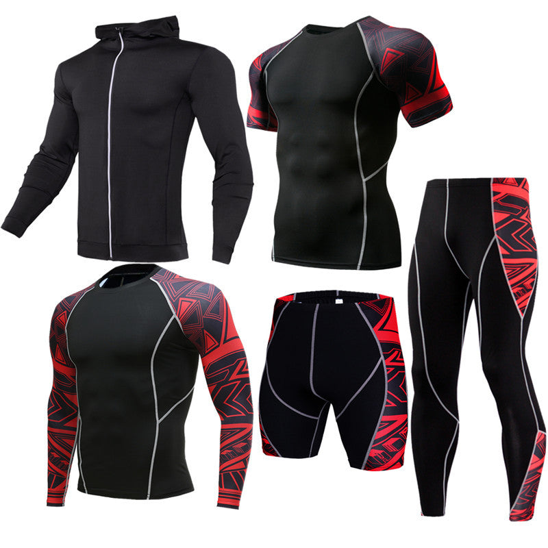 Sportswear quick-drying running suit featuring a hoodie, shirts, and leggings in black and red designs.