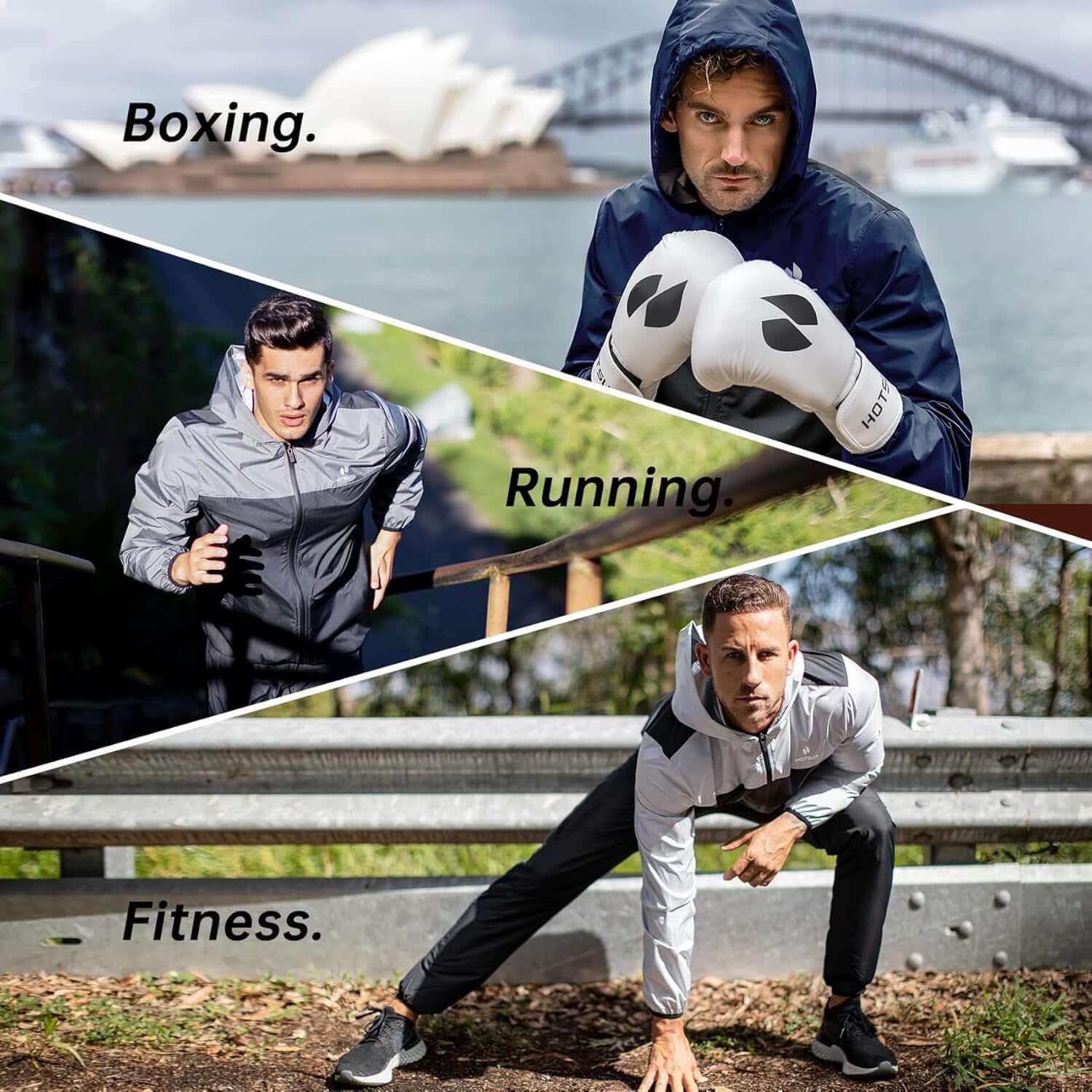 Men's Full Body Sauna Suit – Premium Sweat Suit for Gym & Cardio shown in action for boxing, running, and fitness.
