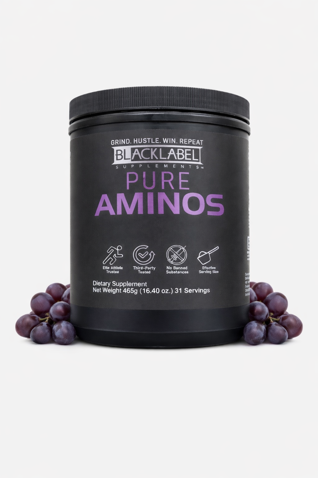 PURE AMINOS ESSENTIAL FOR AFTER INTENSIVE EXCERSISE in a black container with purple text and grapes.