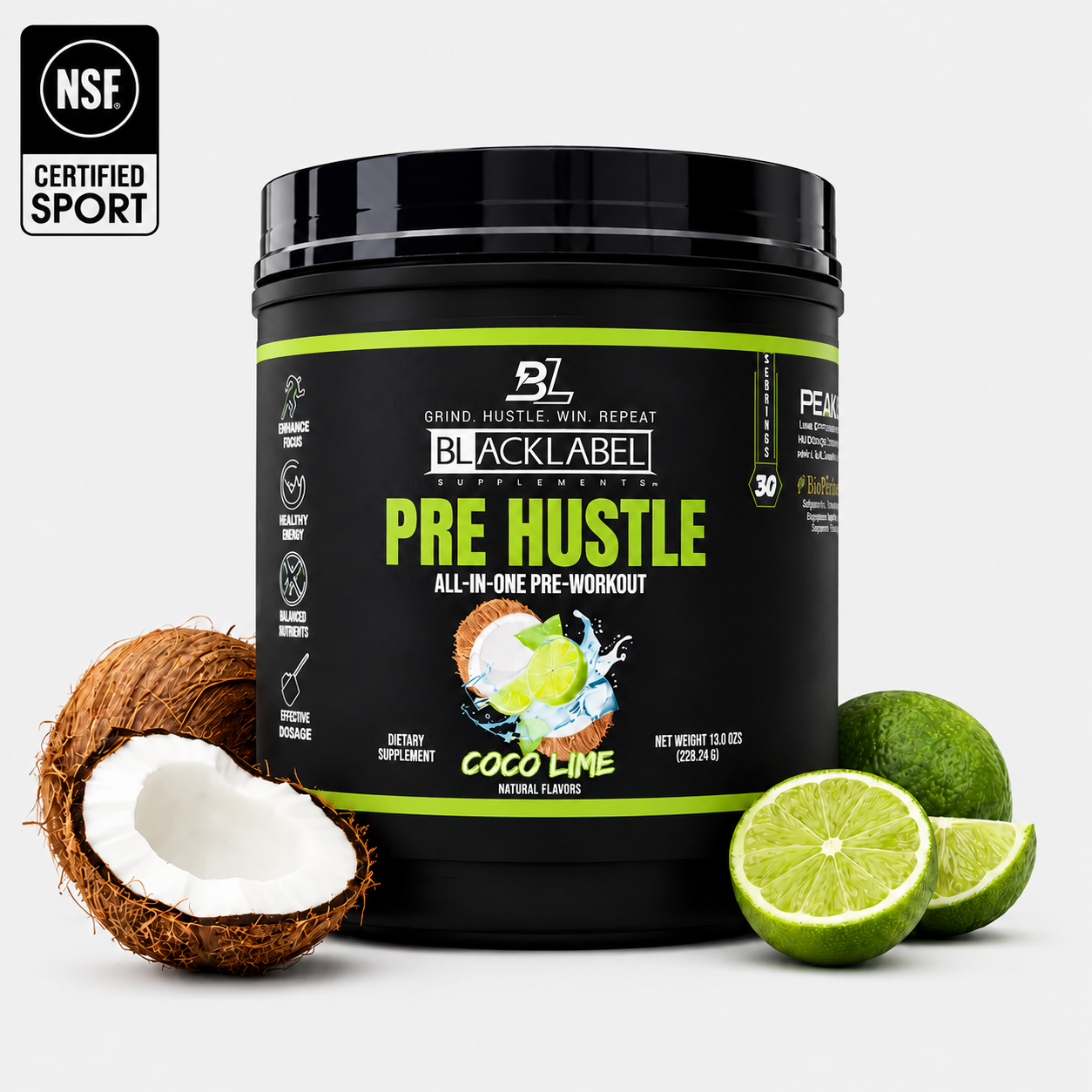 PRE HUSTLE V3 PRE WORKOUT SUPPLEMENT in Coco Lime flavor, all-in-one pre-workout with natural ingredients.