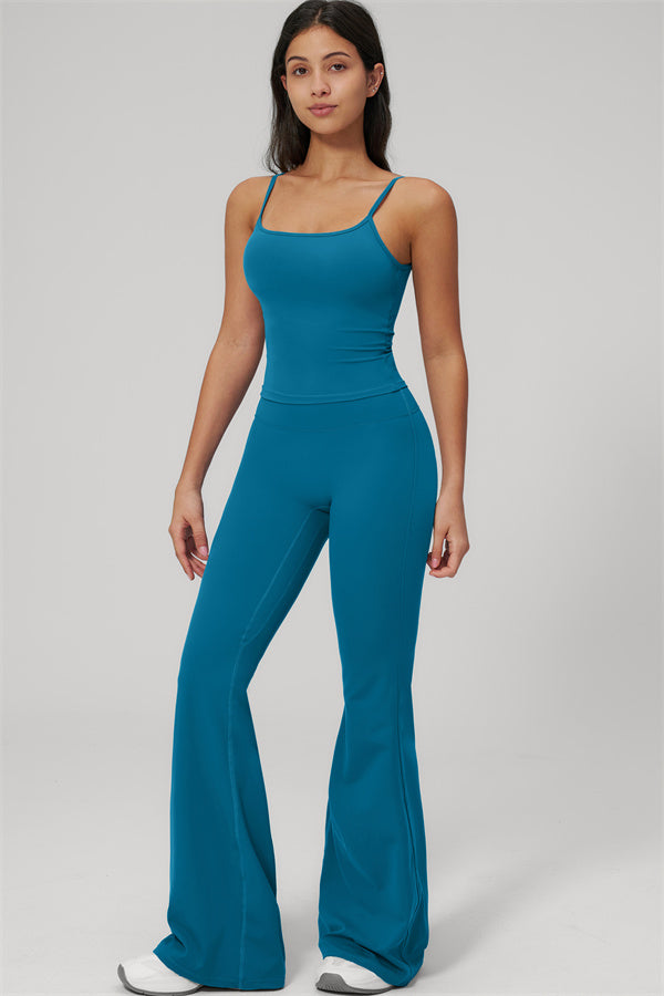 The Rapture Tank Top Flared Leggings 2-Piece Set in teal color, featuring a fitted tank top and flared leggings.