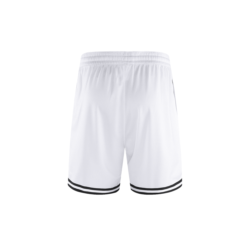 Loki & Ivy Classic Stripe Trim Basketball Shorts in white with black stripe trim, lightweight and breathable fabric.