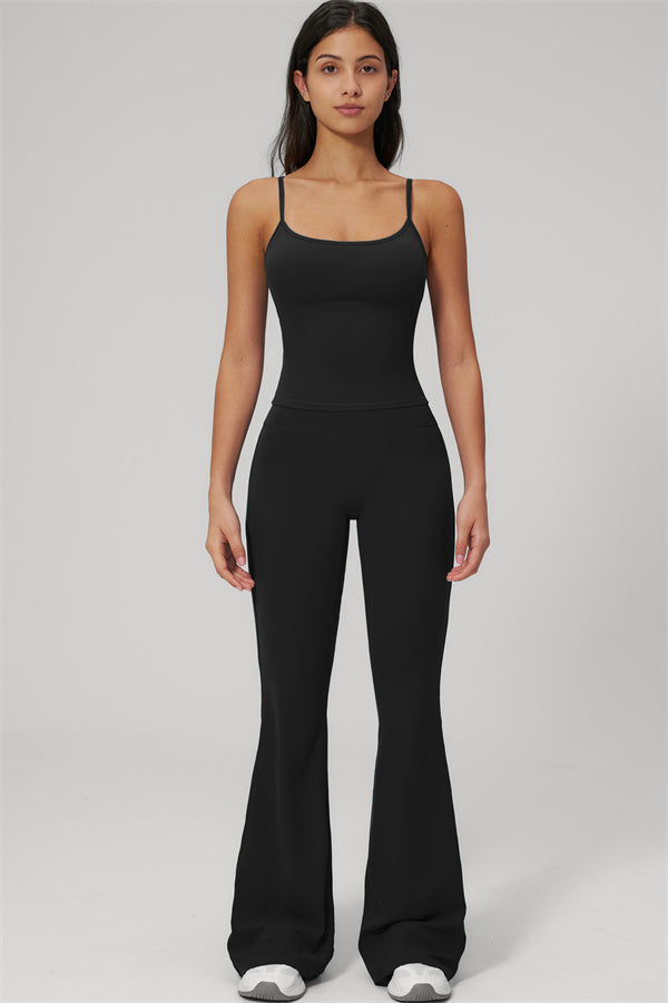 The Rapture Tank Top Flared Leggings 2-Piece Set model wearing black tank and flared leggings
