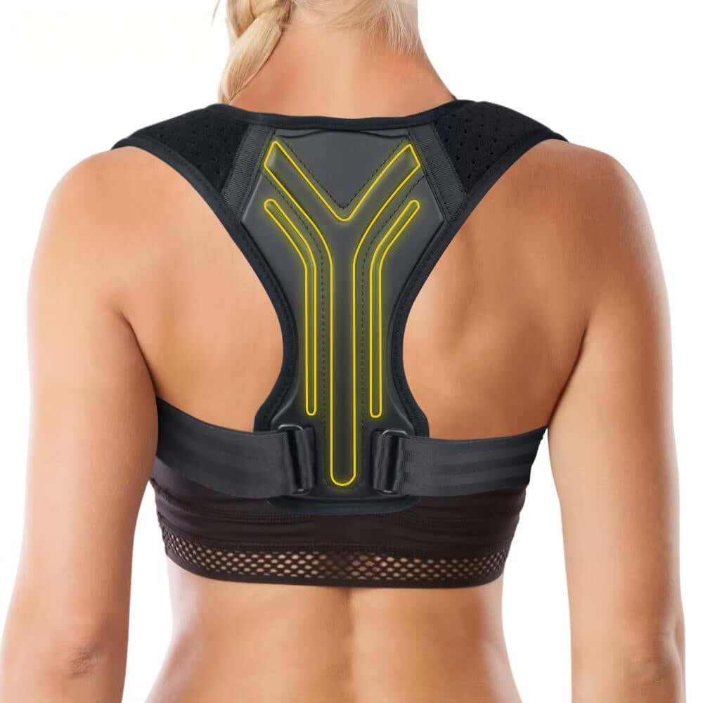 Adjustable Upper-Body Support Strap shown on a woman, highlighting back support and posture alignment features.