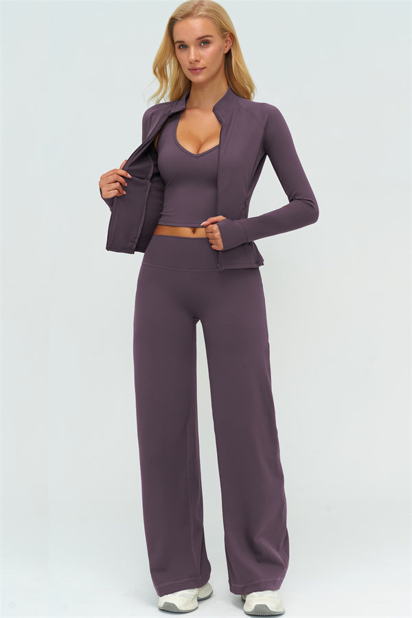Twirl Zip Jacket Halter Tank Top & Straight‑Leg Pants Set | High-End 3‑Piece Activewear – Fitglutes