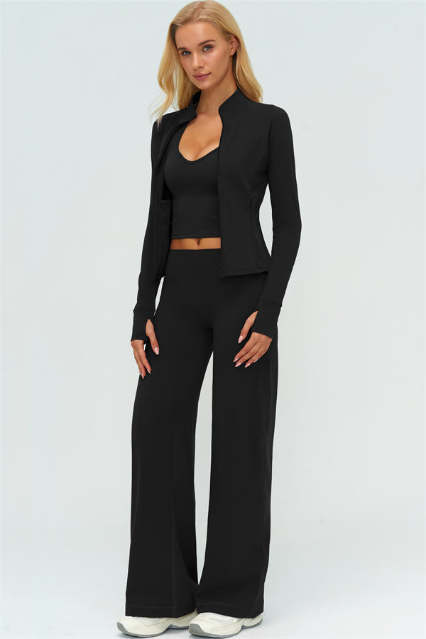 Twirl Zip Jacket Halter Tank Top & Straight‑Leg Pants Set | High-End 3‑Piece Activewear – Fitglutes