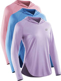 Women's Hooded Sun Protection Running Shirt – UPF Long Sleeve Athletic Top in pink, blue, and purple colors