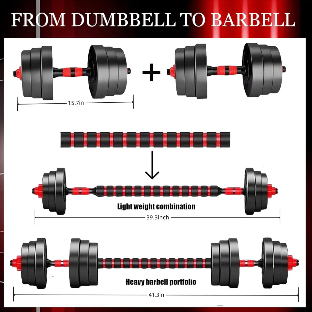 Infographic showing how to convert the 5-44 lbs. Adjustable Dumbbell to Barbell Set from dumbbell to barbell configurations.