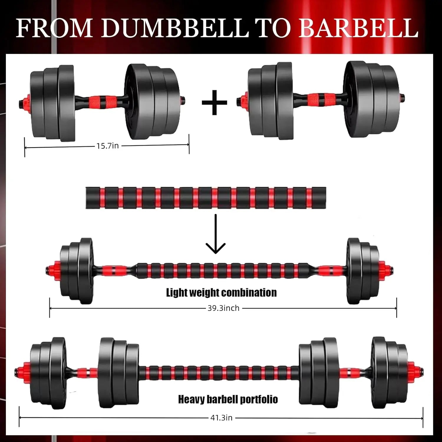 Infographic showing how to convert the 5-44 lbs. Adjustable Dumbbell to Barbell Set from dumbbell to barbell configurations.