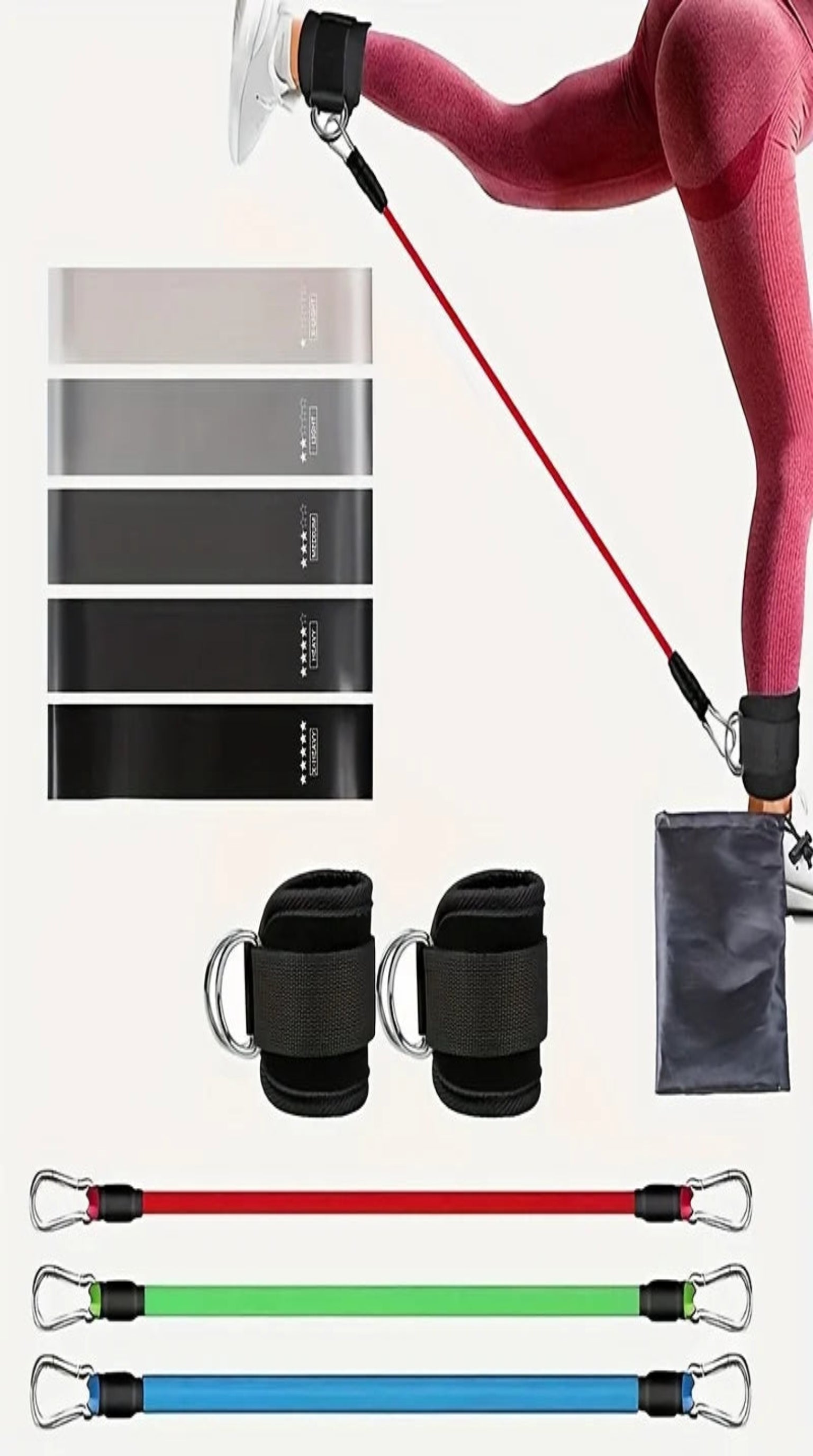 Home Gym Leg & Hip Toning System 11pcs Resistance Bands Set including resistance bands, ankle straps, and pull rope in use.