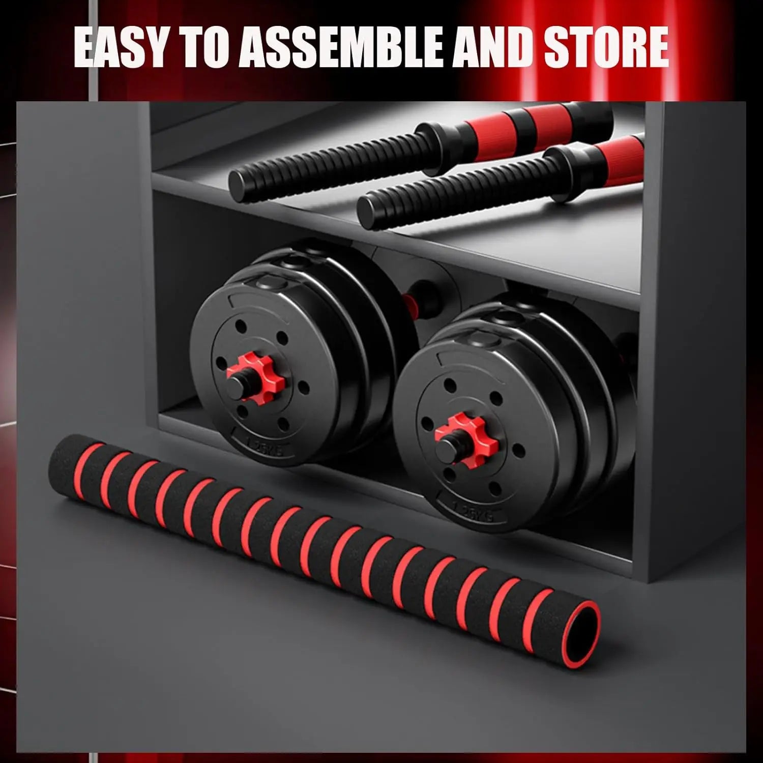 5-44 lbs. Adjustable Dumbbell to Barbell Set with easily assembled weights and storage rack.