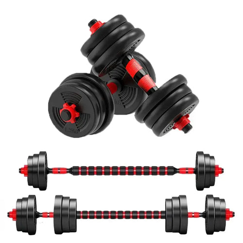 5-44 lbs. Adjustable Dumbbell to Barbell Set, image showing a Pair of adjustable dumbbells with black and red design on a white background