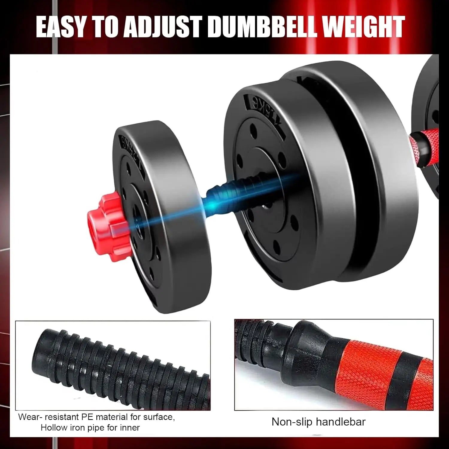 Easy to adjust weight on the 5-44 lbs. Adjustable Dumbbell to Barbell Set, featuring non-slip handlebar and durable materials.