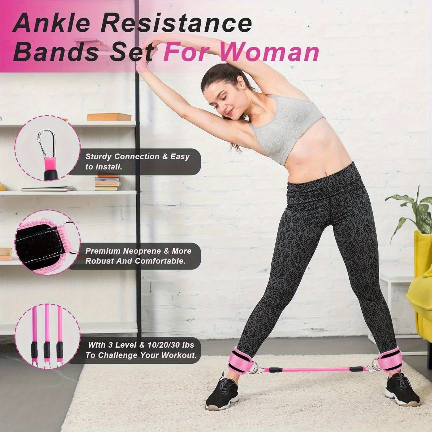 Home Gym Leg & Hip Toning System 11pcs Resistance Bands Set image of the Ankle Resistance Bands Set For Woman demonstrating sturdy connection, premium neoprene, with adjustable levels for workout challenges.