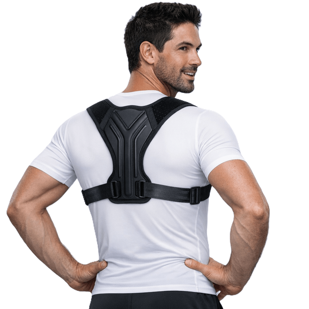 Man wearing an Adjustable Upper-Body Support Strap to improve posture and upper body alignment.