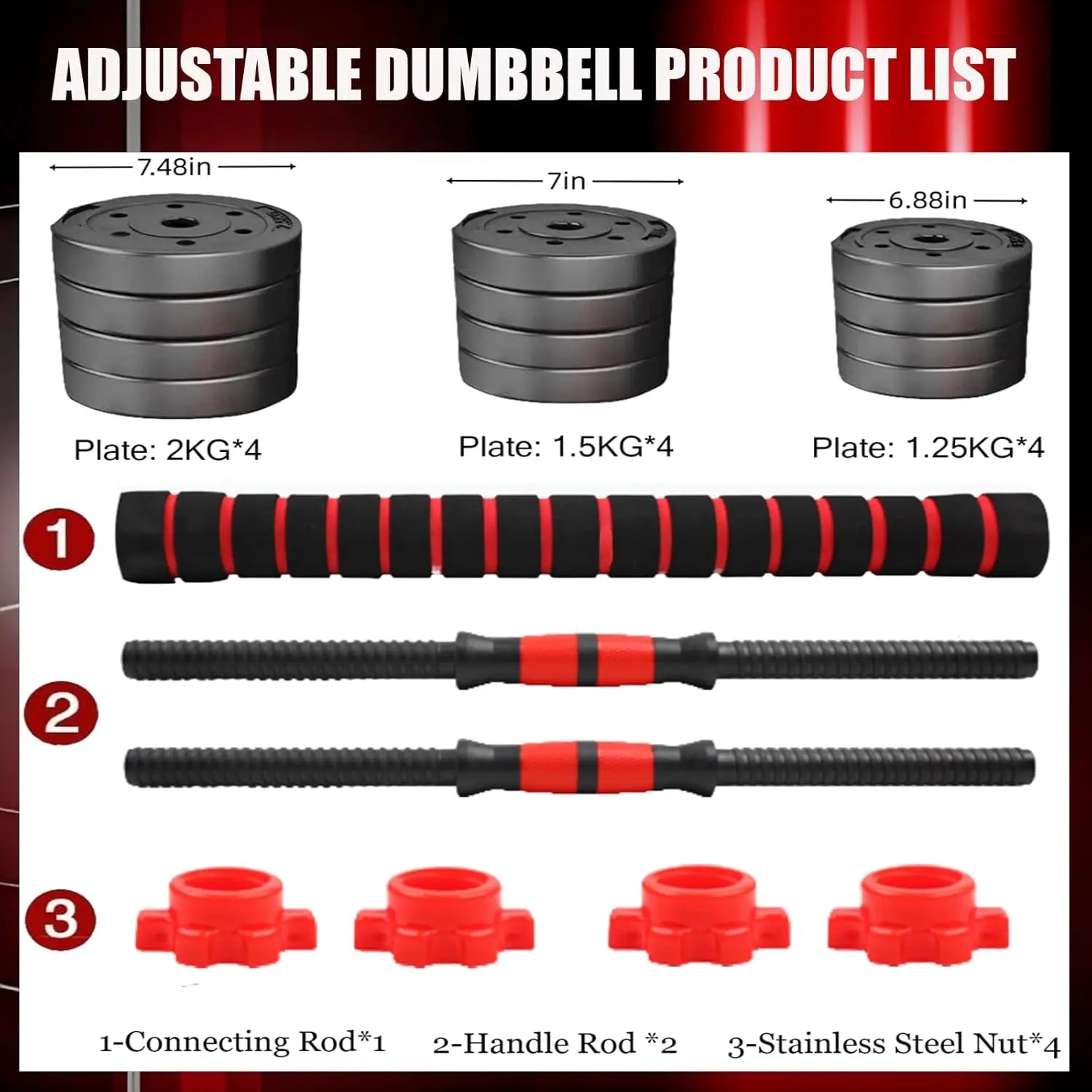 Adjustable Dumbbell product list with weight plates and rods for 5-44 lbs. Adjustable Dumbbell to Barbell Set.