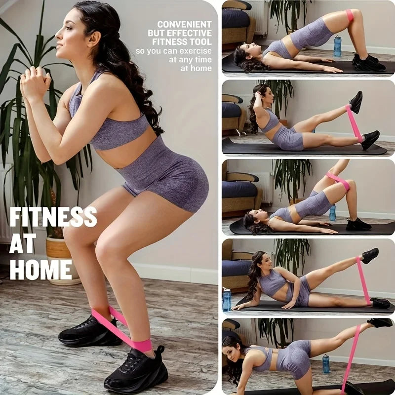 Home Gym Leg & Hip Toning System 11pcs Resistance Bands Set demonstrated by a woman exercising at home with resistance bands.