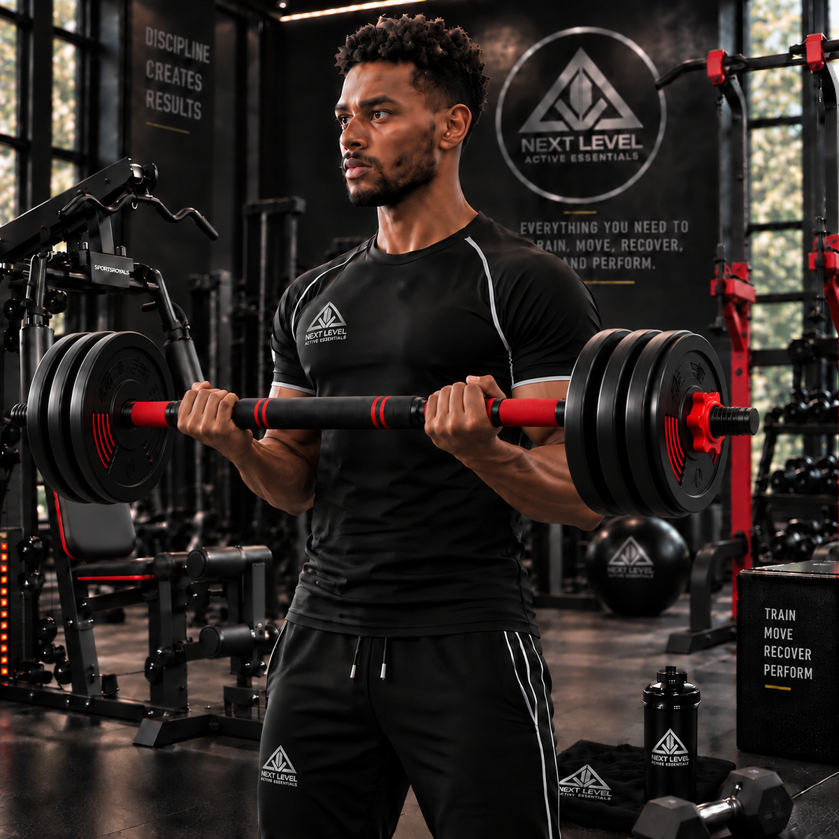 Man lifting weights with a 5-44 lbs. Adjustable Dumbbell to Barbell Set in a gym setting.