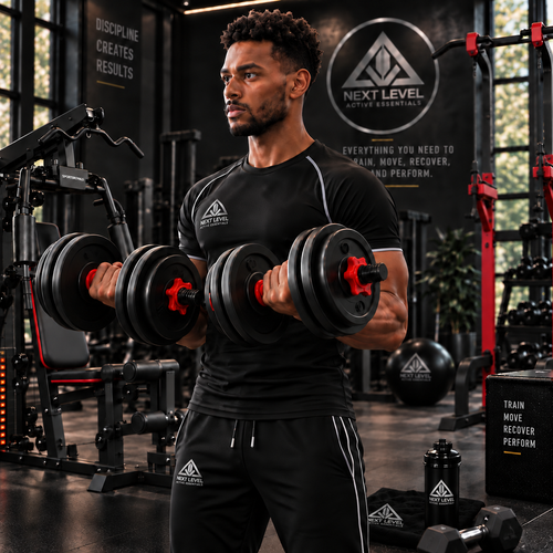 Man lifting 5-44 lbs. Adjustable Dumbbell to Barbell Set in a modern gym environment.
