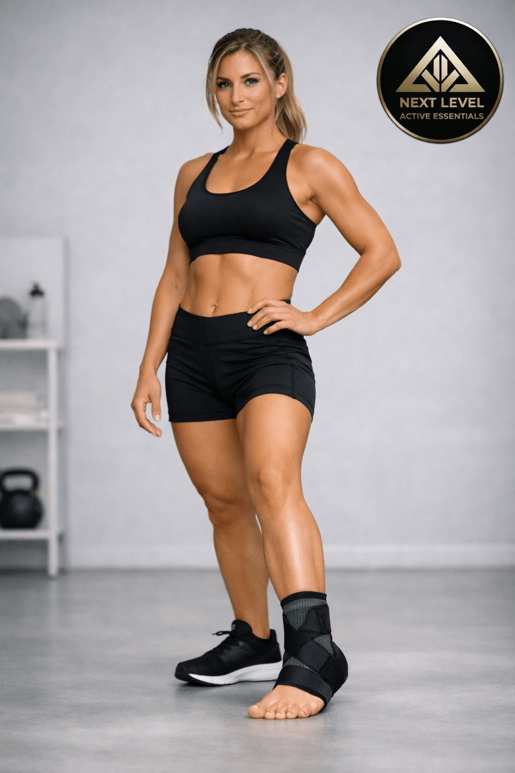 Ankle Support Brace with Adjustable Wrap image showing a female Athlete wearing the Ankle Support Brace with Adjustable Wrap 
