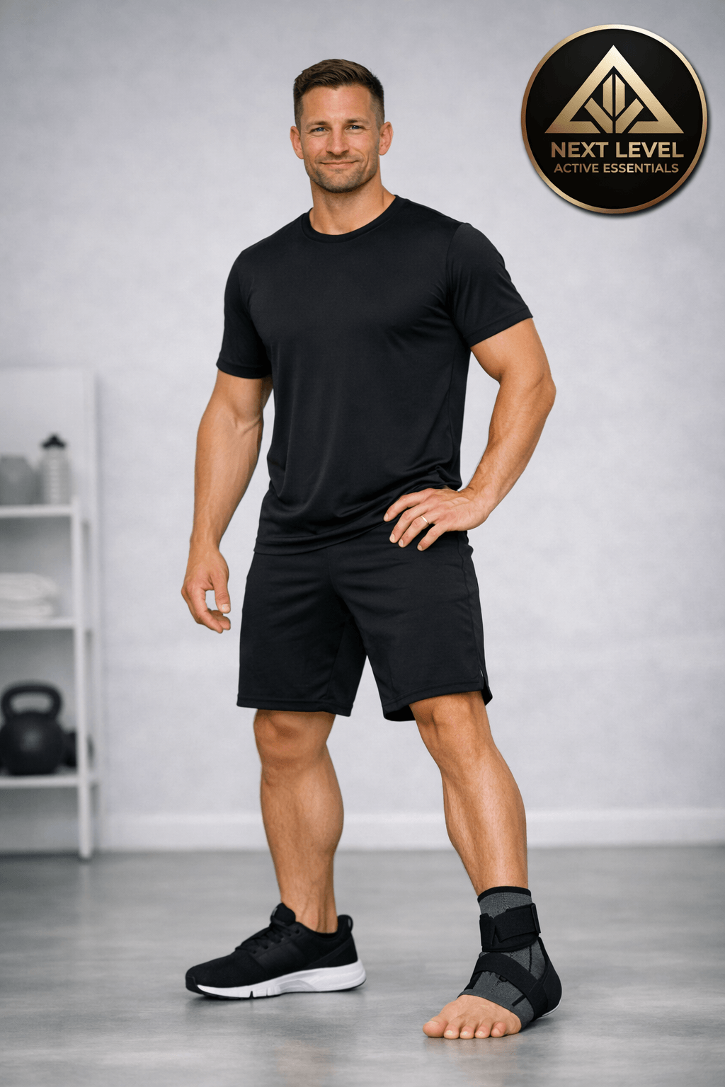 Ankle Support Brace with Adjustable Wrap showing a Male Athlete wearing the Ankle Support Adjustable wrap on his left foot